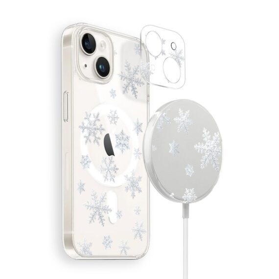 Zestaw do iPhone 15 etui, szkło na aparat, ładowarka z osłoną, delikatne płatki śniegu