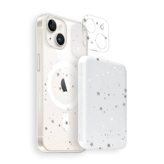 Zestaw do iPhone 15 etui, szkło na aparat, power bank, szampańskie gwiazdki grafika