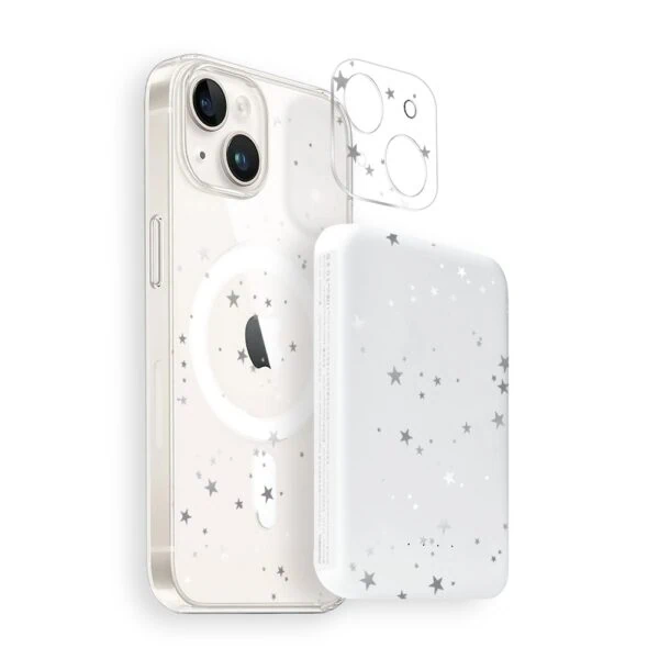 Zestaw do iPhone 15: etui, szkło na aparat, power bank, szampańskie gwiazdki
