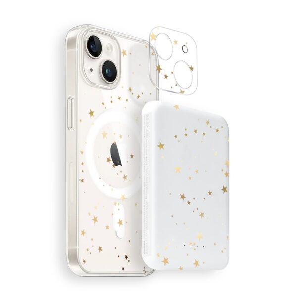 Zestaw do iPhone 14 Plus: etui, szkło na aparat, power bank, złote gwiazdki