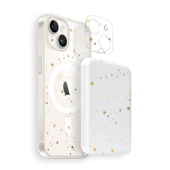 Zestaw do iPhone 15 etui, szkło na aparat, power bank, złote gwiazdki