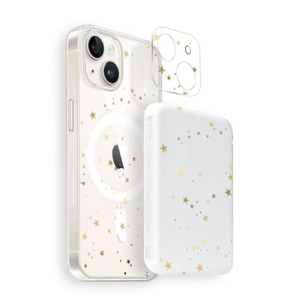 Zestaw do iPhone 15: etui, szkło na aparat, power bank, złote gwiazdki