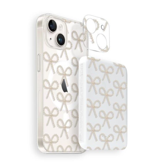 Zestaw do iPhone 15 etui, szkło na aparat, power bank, złote kokardki