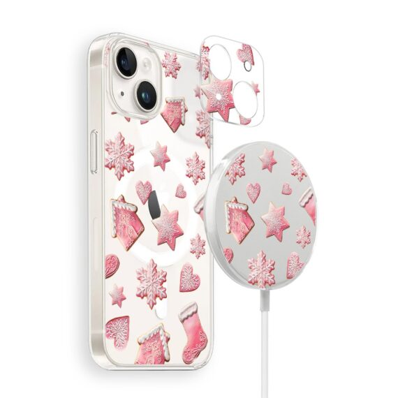 Zestaw do iPhone 15 glowna etui, szkło na aparat, ładowarka z osłoną, różowe pierniczki