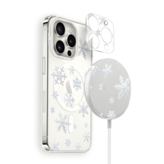 Zestaw do iPhone 16 Pro etui, szkło na aparat, ładowarka z osłoną, delikatne płatki śniegu grafik