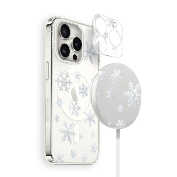Zestaw do iPhone 14 Pro: etui, szkło na aparat, ładowarka z osłoną, delikatne płatki śniegu