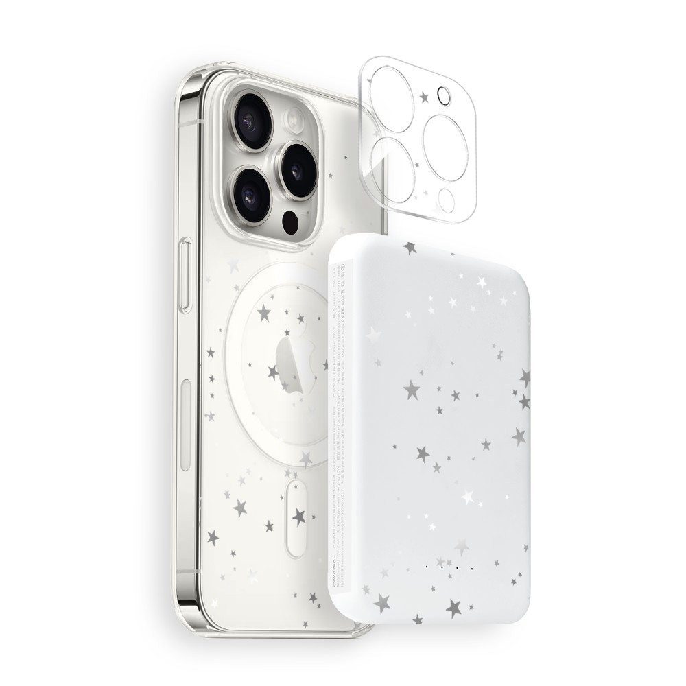 Zestaw do iPhone 14 Pro Max: etui, szkło na aparat, power bank, szampańskie gwiazdki