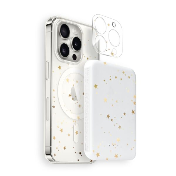 Zestaw do iPhone 14 Pro: etui, szkło na aparat, power bank, złote gwiazdki