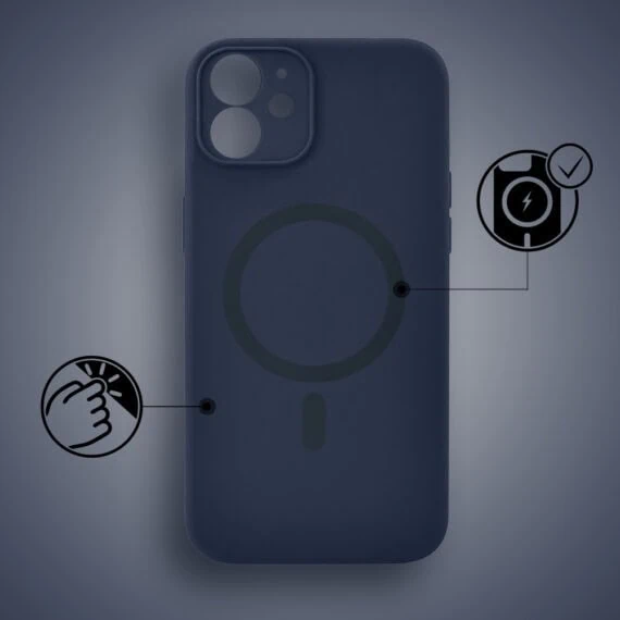 Etui do iPhone 12, silikonowe z MagSafe, mikrofibra soft touch z osłoną na aparat, granatowe (7)