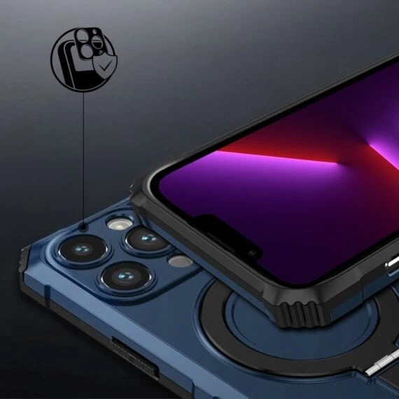 Etui do iPhone 13 Pro Max, pancerne, z osłoną aparatu i metalową podstawką MagSafe, granatowe (1)