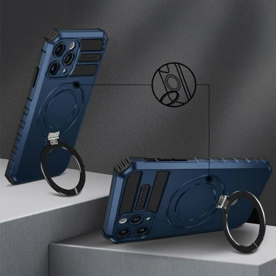 Etui do iPhone 13 Pro Max, pancerne, z osłoną aparatu i metalową podstawką MagSafe, granatowe (2)