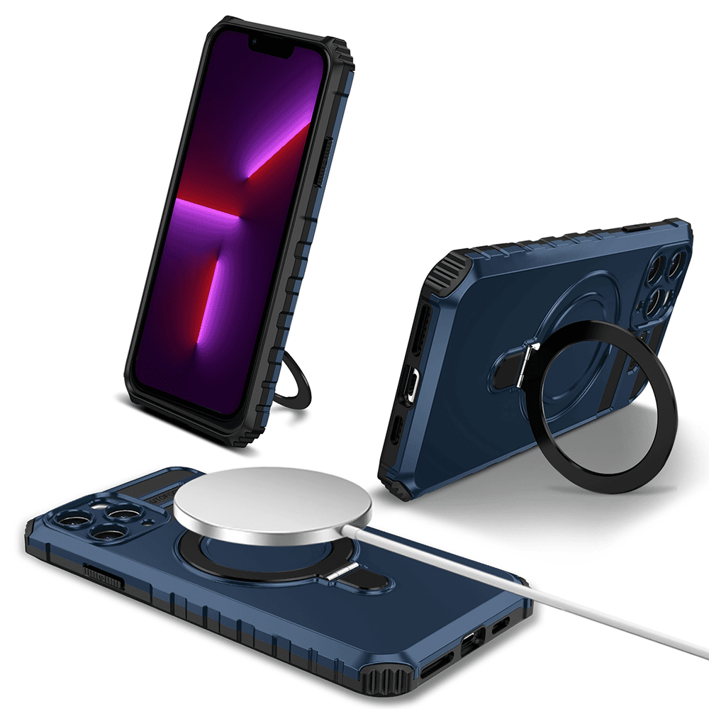 Etui do iPhone 13 Pro Max, pancerne, z osłoną aparatu i metalową podstawką MagSafe, granatowe (5)