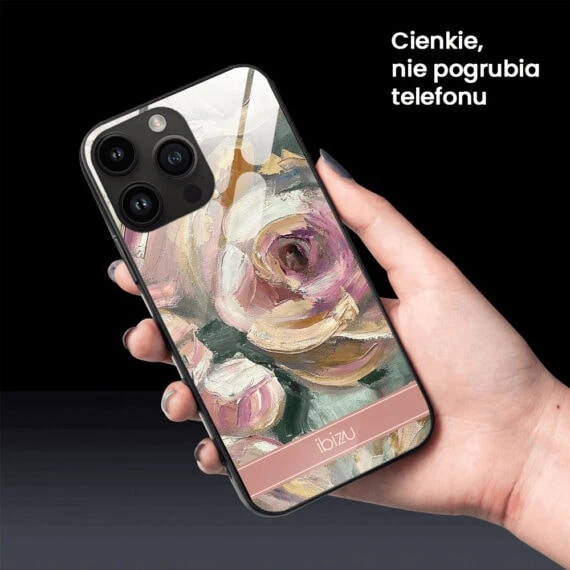 Etui do iPhone 14 Pro, szklany tył, namalowane róże, czarne2