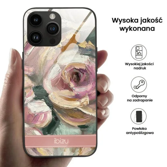 Etui do iPhone 14 Pro, szklany tył, namalowane róże, czarne5