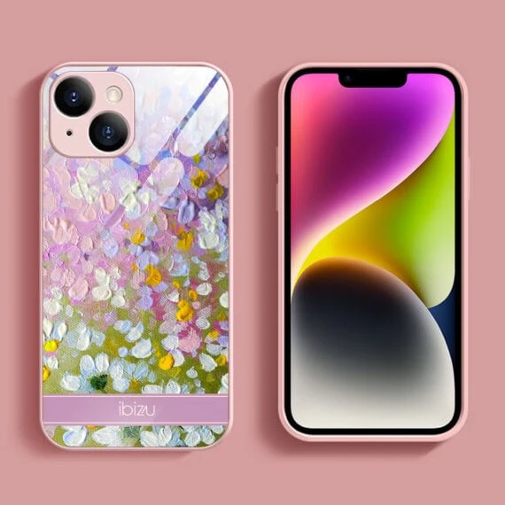 Etui do iPhone 14, szklany tył, osłona kamery, malowana łąka, łososiowe1