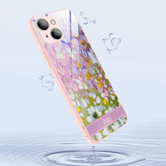 Etui do iPhone 14, szklany tył, osłona kamery, malowana łąka, łososiowe3