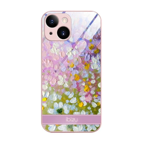 Etui do iPhone 14, szklany tył, osłona kamery, malowana łąka, łososiowe6