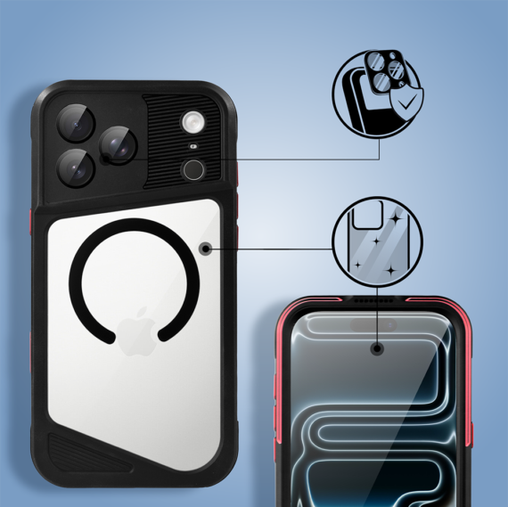 Etui do iPhone 17 Pro Max TOTAL Protect z Magsafe, wodoodporne, metalowe, przeźroczyste, czarne Obszar kompozycji 5
