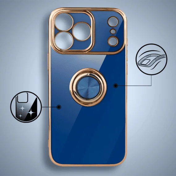 Etui do iPhone 17 Pro Max eleganckie, ze złotym, met uchwytem i zdob, osłona na aparat, granatowe, nowe (1)