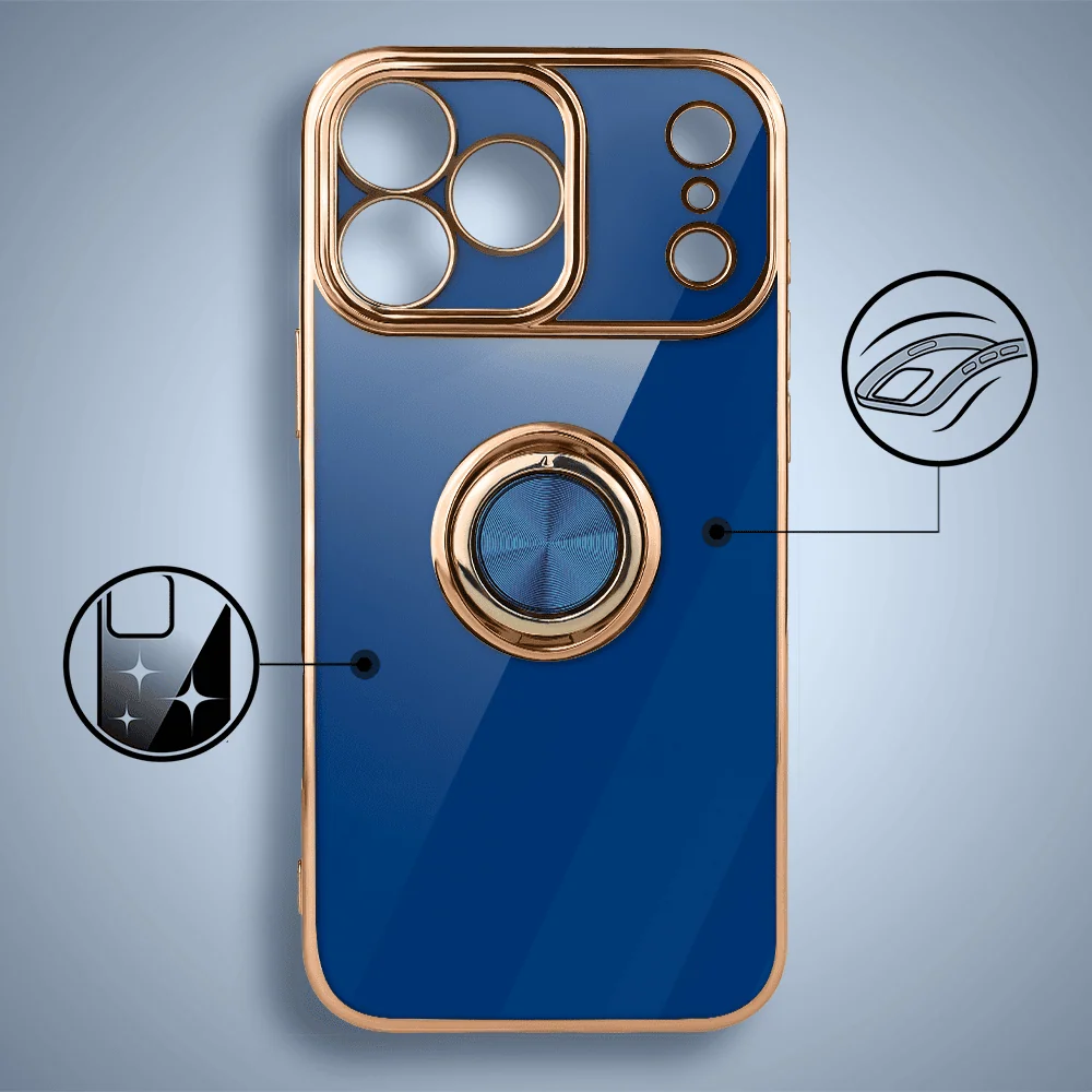 Etui do iPhone 17 Pro Max eleganckie, ze złotym, met uchwytem i zdob, osłona na aparat, granatowe, nowe (1)