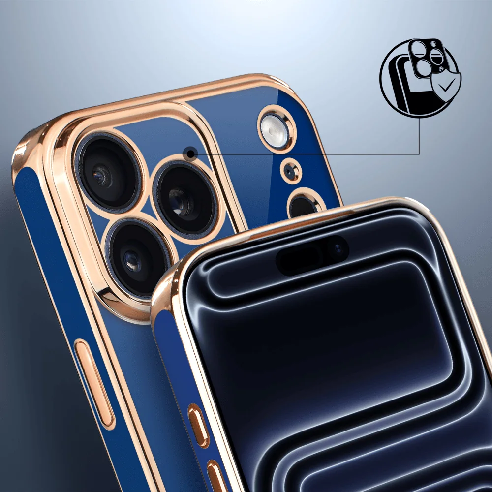Etui do iPhone 17 Pro Max eleganckie, ze złotym, met uchwytem i zdob, osłona na aparat, granatowe, nowe (3)