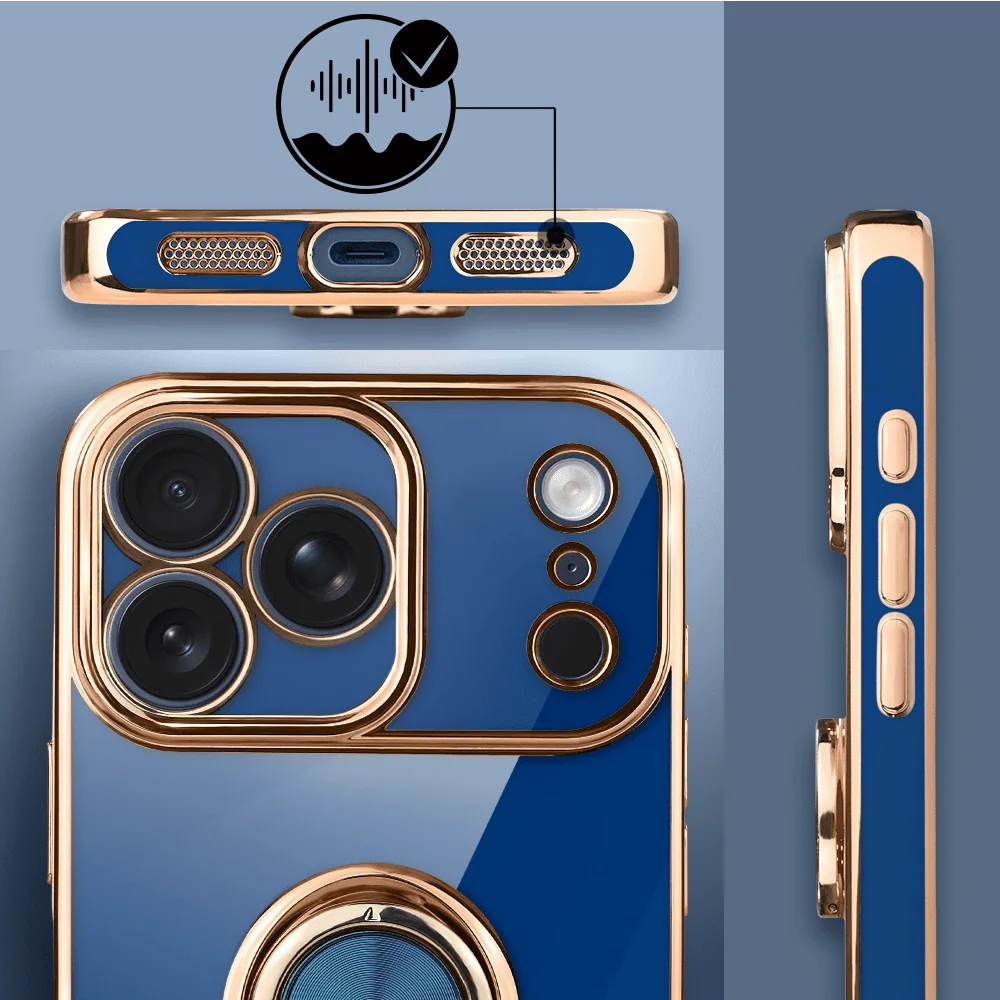 Etui do iPhone 17 Pro Max eleganckie, ze złotym, met uchwytem i zdob, osłona na aparat, granatowe, nowe (5)