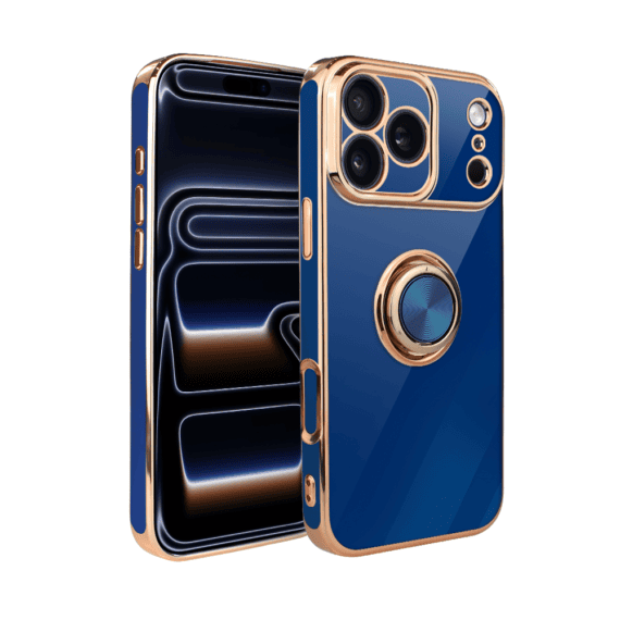 Etui do iPhone 17 Pro Max eleganckie, ze złotym, met uchwytem i zdob, osłona na aparat, granatowe, nowe (9)