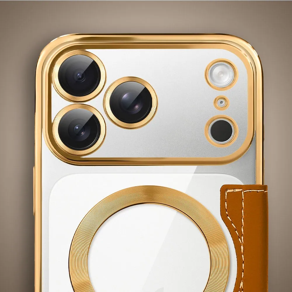 Etui do iPhone 17 Pro Max typu książka Book Magsafe Lens Protect, z klapką, złote (1)