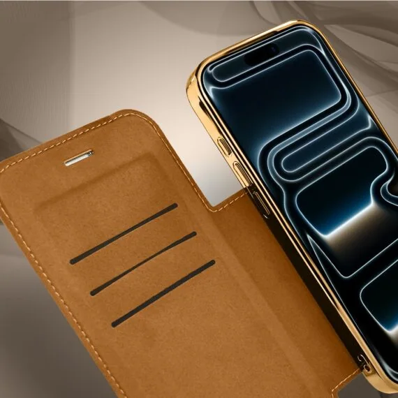 Etui do iPhone 17 Pro Max typu książka Book Magsafe Lens Protect, z klapką, złote (3)