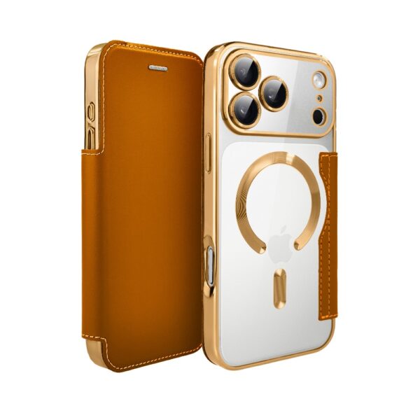 Etui do iPhone 17 Pro typu książka Book Magsafe Lens Protect, z klapką, złote