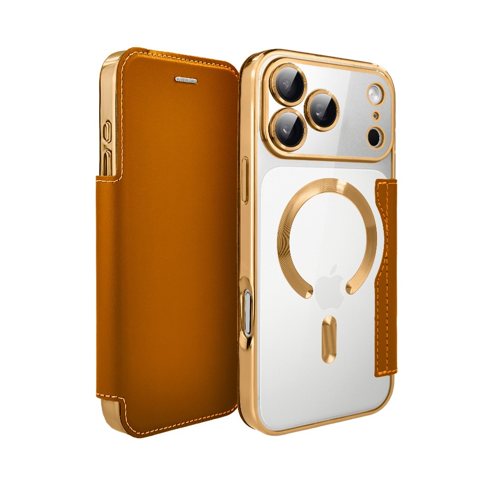 Etui do iPhone 17 Pro typu książka Book Magsafe Lens Protect, z klapką, złote
