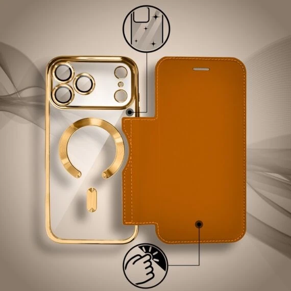Etui do iPhone 17 Pro Max typu książka Book Magsafe Lens Protect, z klapką, złote (8)