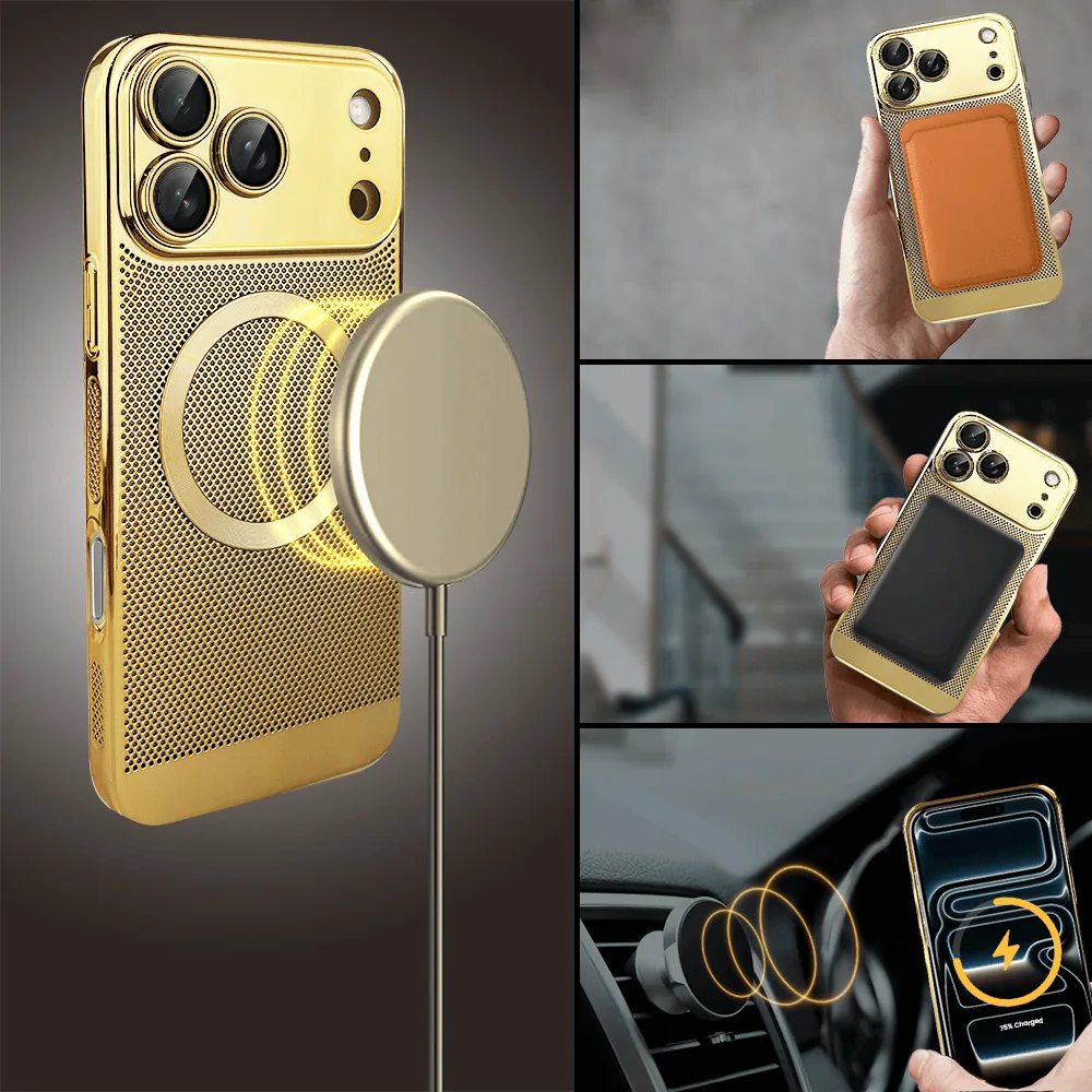 Etui do iPhone 17 Pro Max z Magsafe, cienkie, twarde, oddychające, z osłoną aparatu, złote (2)