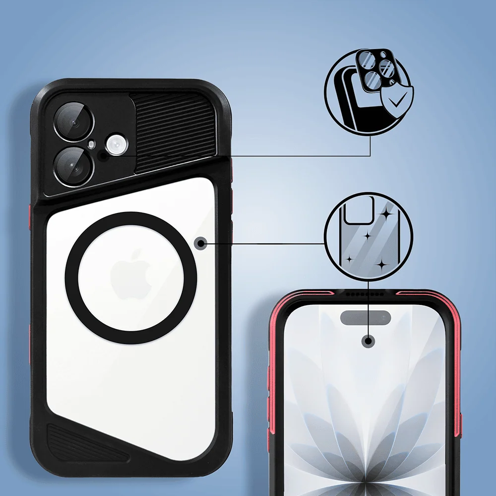 Etui do iPhone 17 TOTAL Protect z MagSafe, wodoodporne, metalowe, przeźroczyste, czarne (2)
