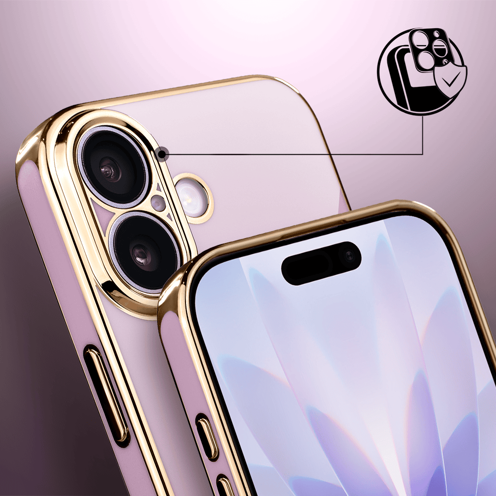 Etui do iPhone 17 eleganckie, ze złotym, metalowym uchwytem i zdobieniami, osłona na aparat, fioletowe, nowe (1)