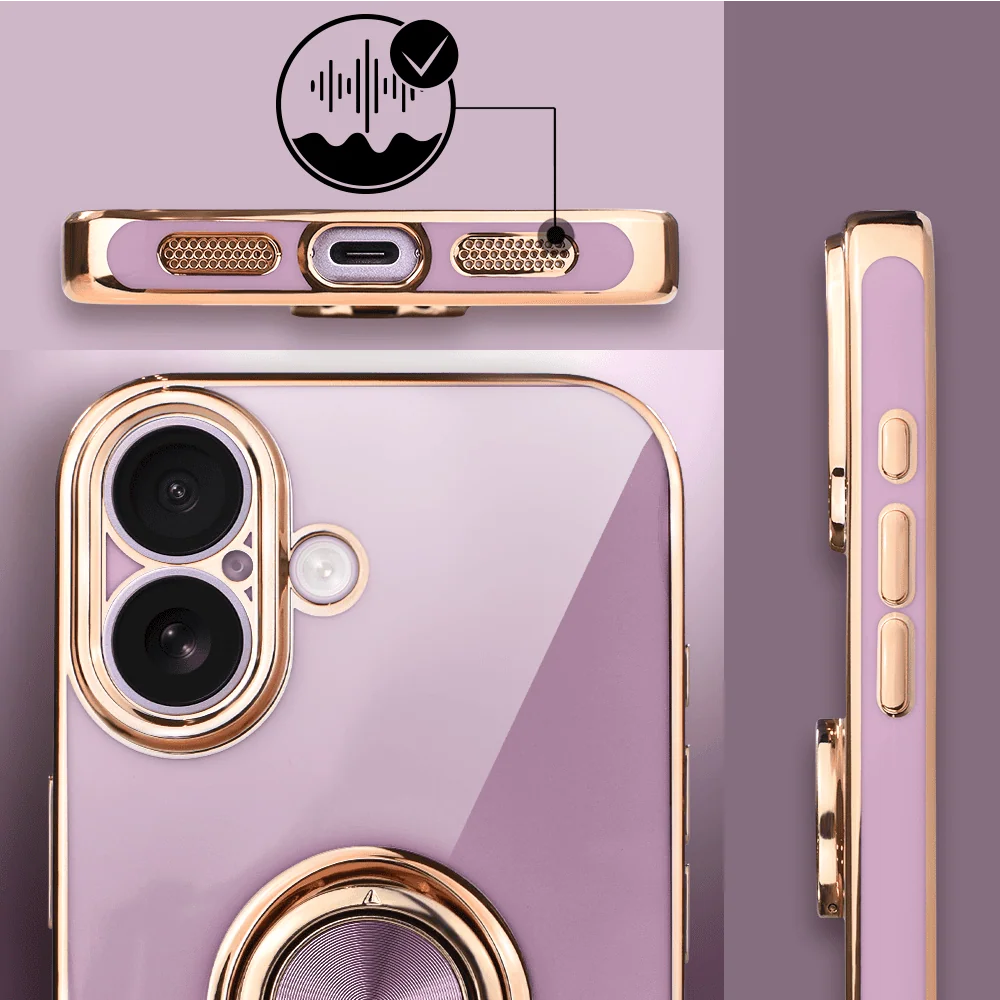 Etui do iPhone 17 eleganckie, ze złotym, metalowym uchwytem i zdobieniami, osłona na aparat, fioletowe, nowe (3)