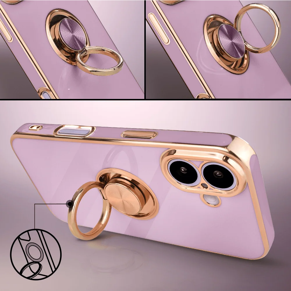 Etui do iPhone 17 eleganckie, ze złotym, metalowym uchwytem i zdobieniami, osłona na aparat, fioletowe, nowe (6)