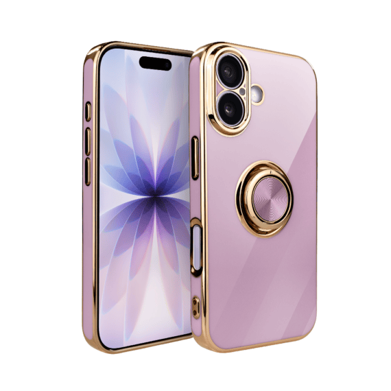 Etui do iPhone 17 eleganckie, ze złotym, metalowym uchwytem i zdobieniami, osłona na aparat, fioletowe, nowe (7)