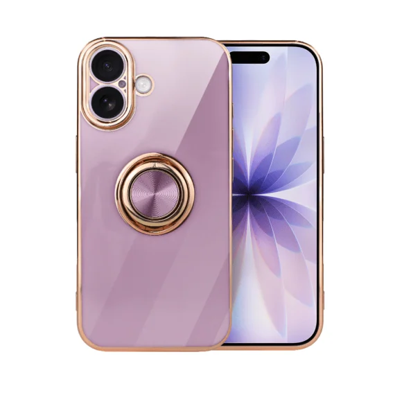 Etui do iPhone 17 eleganckie, ze złotym, metalowym uchwytem i zdobieniami, osłona na aparat, fioletowe, nowe (8)