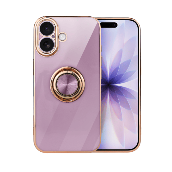 Etui do iPhone 17 eleganckie, ze złotym, metalowym uchwytem i zdobieniami, osłona na aparat, fioletowe (OUTLET)