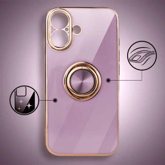 Etui do iPhone 17 eleganckie, ze złotym, metalowym uchwytem i zdobieniami, osłona na aparat, fioletowe, nowe (9)