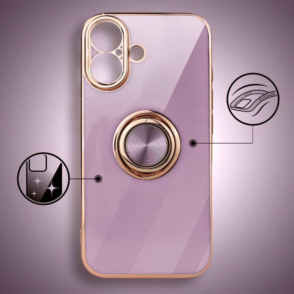 Etui do iPhone 17 eleganckie, ze złotym, metalowym uchwytem i zdobieniami, osłona na aparat, fioletowe, nowe (9)
