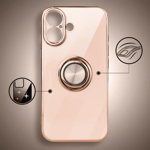 Etui do iPhone 17 eleganckie, ze złotym, metalowym uchwytem i zdobieniami, osłona na aparat, zł, no (10)