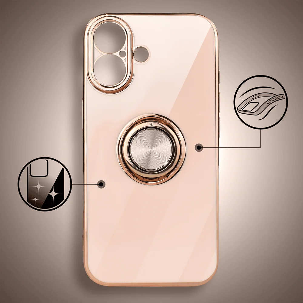 Etui do iPhone 17 eleganckie, ze złotym, metalowym uchwytem i zdobieniami, osłona na aparat, zł, no (10)