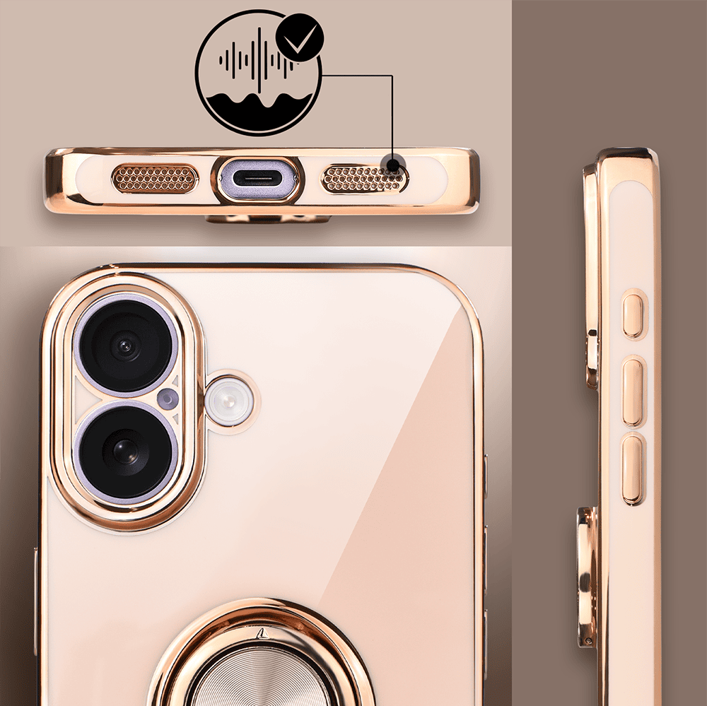 Etui do iPhone 17 eleganckie, ze złotym, metalowym uchwytem i zdobieniami, osłona na aparat, zł, no (4)