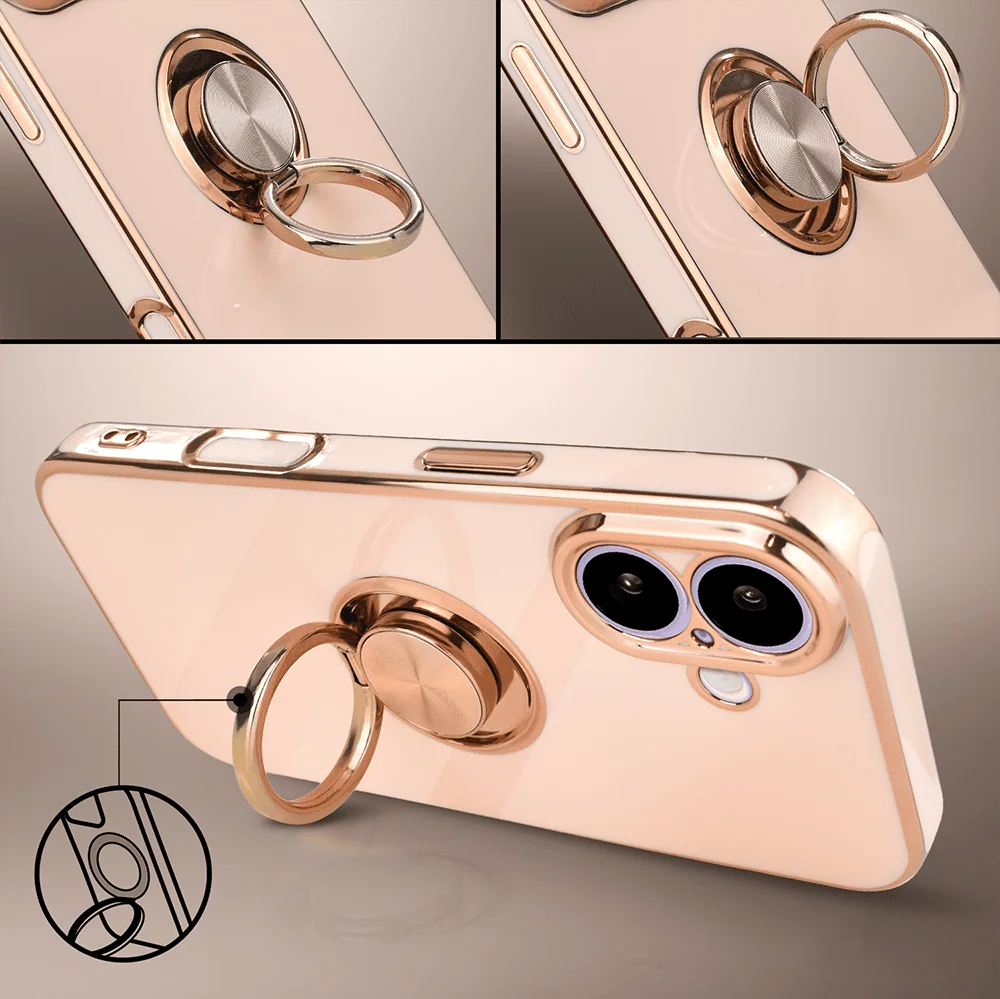 Etui do iPhone 17 eleganckie, ze złotym, metalowym uchwytem i zdobieniami, osłona na aparat, zł, no (7)