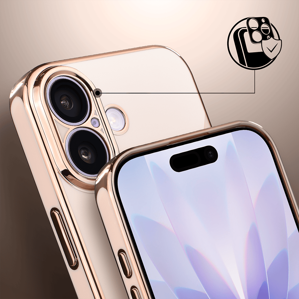 Etui do iPhone 17 eleganckie, ze złotym, metalowym uchwytem i zdobieniami, osłona na aparat, zł, no