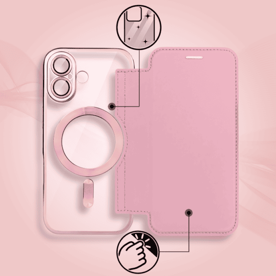 Etui do iPhone 17 typu książka Book Magsafe Lens Protect, z klapką, różowe (7)