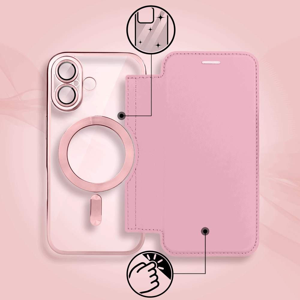 Etui do iPhone 17 typu książka Book Magsafe Lens Protect, z klapką, różowe (7)