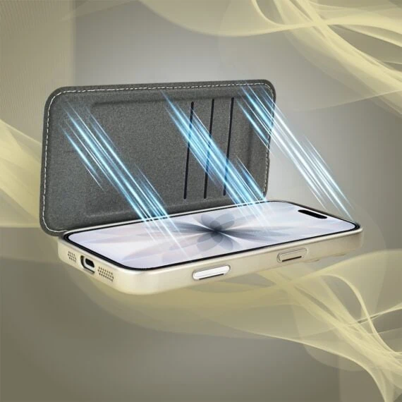 Etui do iPhone 17 typu książka Book Magsafe Lens Protect, z klapką, tytanowe (1)